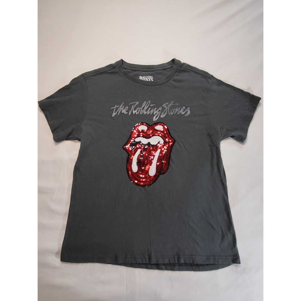 Lucky Brand Rolling Stones Sequin Tongue Logo Graphic Tee Charcoal Gray Medium